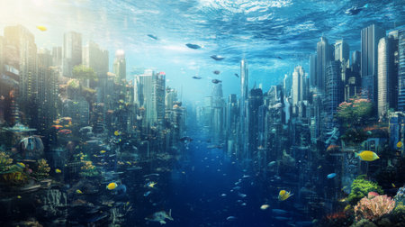 A futuristic city divided into sky, land, and underwater districts.の素材