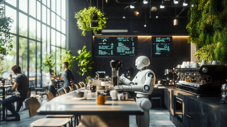 A cafe of the future where people chat with robotic baristas.の素材
