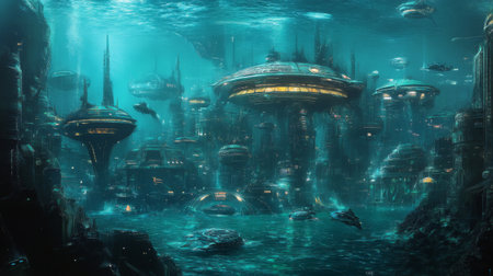 A submerged futuristic city glowing with alien-like underwater architecture.の素材