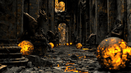 Explore the enchanting scene of ancient ruins filled with intricate stone guardians and glowing orbs. A mesmerizing atmosphere invites wonder and imagination.の素材