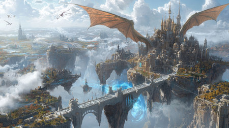 A breathtaking fantasy scene featuring a majestic dragon soaring over a stunning floating city. The intricate architecture and ethereal clouds create a magical atmosphere.の素材