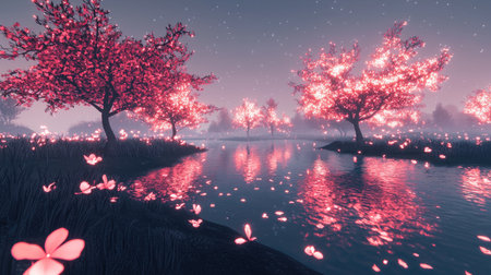 A tranquil scene depicting cherry blossoms by a peaceful river under twilight. The soft pink hues reflect in calm waters, creating a serene atmosphere.の素材