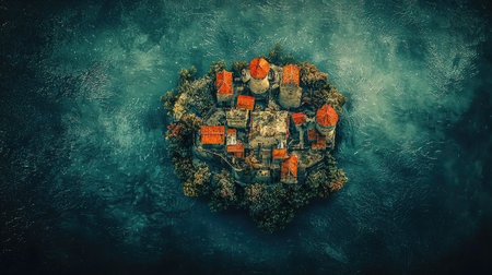 Stunning aerial view of an abandoned fortress on a small island surrounded by water. The vibrant rooftops and lush foliage create a serene landscape perfect for exploration.の素材