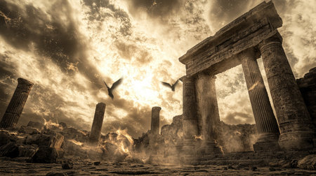 Stunning view of ancient ruins with towering pillars beneath a dramatic sky. Birds soar through a mystical landscape, evoking a sense of adventure and history.の素材