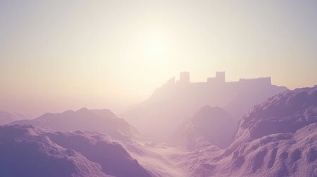 This ethereal landscape features a distant castle silhouetted against a soft pastel sky, surrounded by misty mountains and warm sunlight, evoking tranquility.の素材