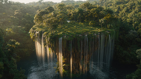 A stunning floating island showcases lush vegetation and cascading waterfalls, creating a tranquil scene of untouched beauty and vibrant biodiversity.の素材
