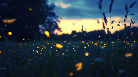 Experience the enchanting beauty of fireflies illuminating a serene field at dusk, creating a magical ambiance in nature's evening glow.の素材