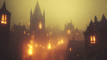 An enchanting cityscape emerges through thick fog, featuring buildings with glowing windows. This surreal atmosphere evokes a sense of mystery and intrigue.の素材