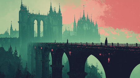 A stunning fantasy scene depicting a mysterious bridge in a surreal landscape at dusk. Towering structures rise against a misty sky, evoking a sense of adventure and wonder.の素材