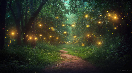 Explore a serene forest pathway adorned with twinkling fireflies, creating a magical atmosphere at dusk. Perfect for capturing the beauty of nature.の素材