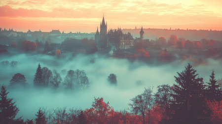 This stunning image captures a majestic castle enveloped in morning mist, surrounded by vibrant autumn trees and serene landscapes, creating a magical atmosphere.の素材