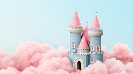 A charming fairy tale castle emerges from soft pink clouds against a serene blue sky, evoking feelings of magic and wonder. Perfect for all ages.の素材