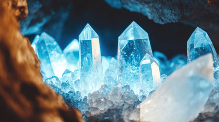 Stunning arrangement of clear quartz crystals glowing with blue light in a dark cave. Perfect for showcasing natural beauty and geology.の素材