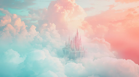 A serene castle rises gracefully through soft pastel clouds, creating a dreamy landscape. This ethereal scene evokes feelings of wonder and tranquility.の素材