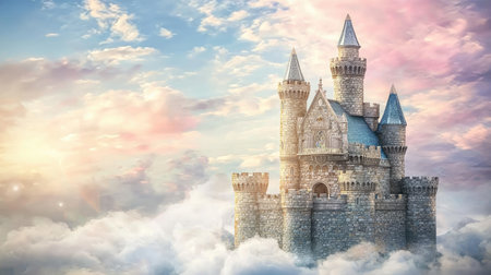 This captivating image showcases a majestic castle floating above the clouds under a beautiful pastel sky at dusk, evoking a sense of fantasy and wonder.の素材