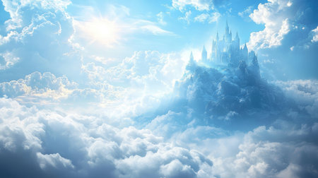 Be captivated by an enchanted castle nestled among dreamy clouds, illuminated by sunlight in a brilliant blue sky, evoking wonder and imagination.の素材