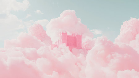 A dreamy pink castle emerges above fluffy clouds in a serene sky, creating an ethereal atmosphere perfect for conveying imagination and fantasy.の素材