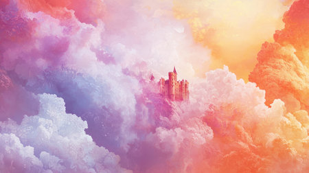 A stunning fantasy castle emerges from vibrant, swirling clouds in this enchanting scene. Soft hues of orange, pink, and purple create a magical atmosphere.の素材