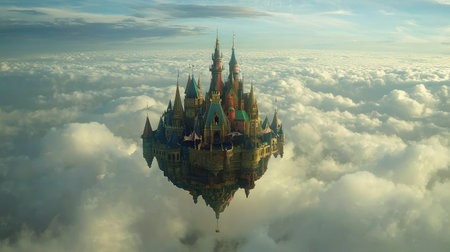 A breathtaking floating castle surrounded by fluffy clouds under a bright blue sky. This surreal landscape captures the essence of fantasy and adventure.の素材