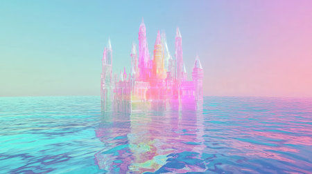 A mesmerizing ethereal castle emerges from calm water, bathed in pastel hues. This enchanting scene invites viewers into a dreamy world filled with magic.の素材