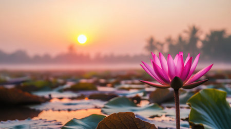 A stunning pink lotus flower rises gracefully above a tranquil pond at sunrise, surrounded by lush green leaves, creating a magical and serene scene.の素材