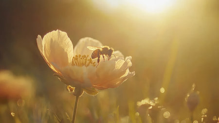A bee gracefully hovers over a delicate flower, capturing nectar in warm golden sunlight. The scene conveys tranquility and the beauty of nature.の素材