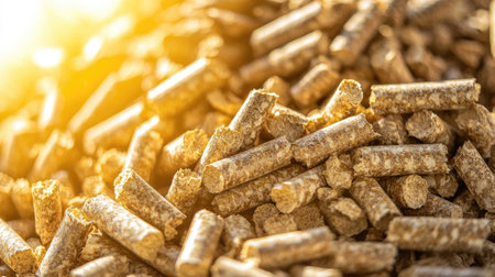 A detailed close-up view of natural wood pellets illuminated by warm sunlight. These eco-friendly pellets serve as sustainable fuel options for various applications.の素材