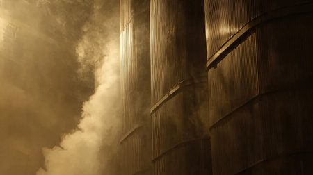 Atmospheric industrial scene featuring metallic silos surrounded by steam and fog. The interplay of light and shadow creates a dramatic visual effect.の素材