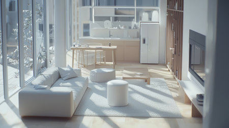 Bright and airy living room showcasing a minimalist design with modern furniture, natural light, and a cozy atmosphere ideal for relaxation and social gatherings.の素材