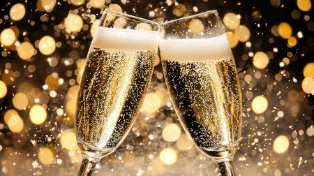 Two elegant champagne glasses clink together in a celebratory toast, surrounded by sparkling bubbles and golden lights, symbolizing joy and festivity.の素材