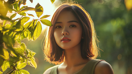 A beautiful portrait of a young woman captured in natural light, surrounded by lush green leaves. The image radiates warmth and tranquility, showcasing her serene expression.の素材