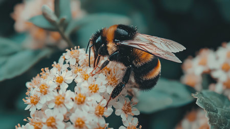A beautiful close-up of a bumblebee collecting nectar from delicate white flowers, showcasing the intricate details of nature in a vibrant garden setting.の素材