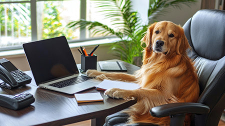 A golden retriever sits attentively in a modern home office. The serene workspace features a laptop, stationery, and a touch of greenery, creating a cozy atmosphere.の素材