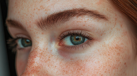 This captivating close-up image showcases a youthful face adorned with freckles and striking green eyes, emphasizing natural beauty and serenity.の素材