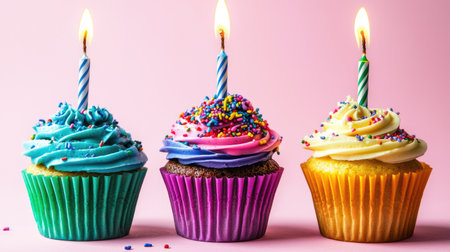 Delightful cupcakes topped with colorful frosting and candles create a festive atmosphere perfect for birthdays or celebrations. Ideal for food and party themes.の素材