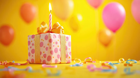 A vibrant birthday gift box adorned with ribbons and a candle sits atop a festive table, surrounded by colorful balloons, exuding joy and celebration.の素材