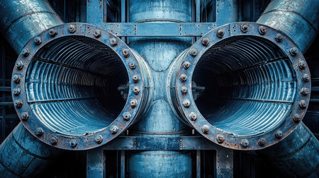 Close-up of large industrial pipes featuring flanges and rivets. The intricate design showcases the raw materials and engineering customizations in an urban setting.の素材