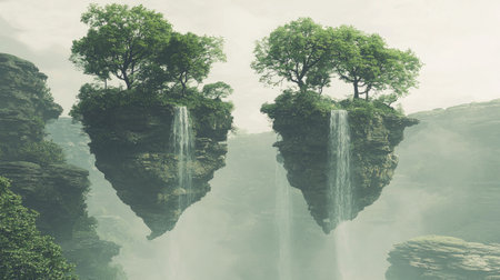 Stunning floating islands feature waterfalls cascading into misty depths, surrounded by vibrant trees. An ethereal landscape perfect for nature lovers and dreamers.の素材