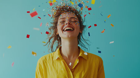 A joyful woman with flowing hair and a vibrant yellow shirt celebrates with colorful confetti in a cheerful atmosphere, radiating happiness and energy.の素材