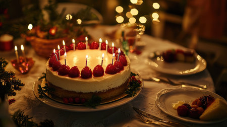 A beautiful holiday cake adorned with fresh raspberries and glowing candles creates a warm and inviting atmosphere for festive gatherings.の素材