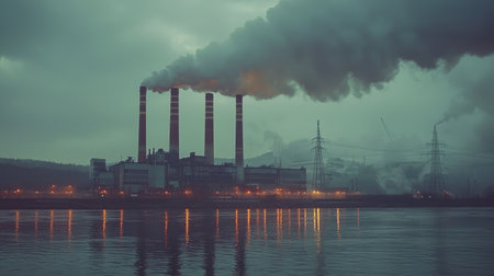 A dramatic view of an industrial power plant emitting smoke from tall smokestacks, reflected on a calm river surface during an overcast evening.の素材