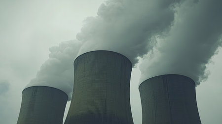 Powerful cooling towers disperse steam and emissions into the atmosphere, symbolizing energy production's impact on the environment and climate change challenges.の素材