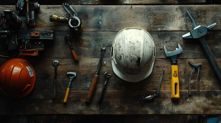 A top-down view of an industrial workbench featuring a hard hat and various tools, emphasizing a workspace for construction or repair activities.の素材