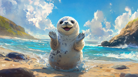 A cheerful seal splashes in the surf on a sunny beach. Its playful demeanor and bright surroundings create a joyful scene perfect for nature lovers.の素材