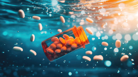 A vibrant underwater scene showcases a floating orange bottle filled with pills, surrounded by bubbles and illuminated by light, symbolizing health and wellness.の素材