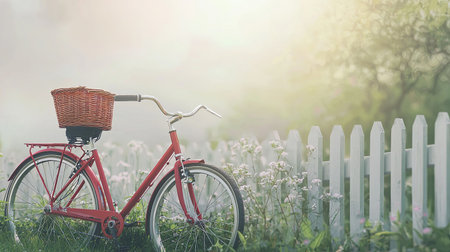 A charming vintage bicycle with a wicker basket stands gracefully in a sunlit garden, encircled by delicate flowers and a quaint white fence.の素材