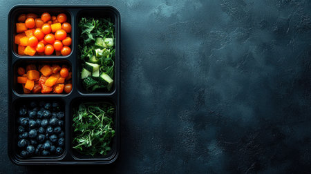 This vibrant meal prep box showcases an assortment of fresh fruits and vegetables, ideal for healthy eating and meal planning. Perfect for fitness enthusiasts!の素材