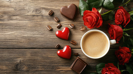 Experience a romantic moment with a cup of coffee, vibrant roses, and heart-shaped chocolates arranged on a rustic wooden table, evoking warmth and love.の素材