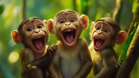 Three adorable monkeys are laughing joyfully together in a vibrant jungle setting, showcasing their playful nature and bright personalities amid lush greenery.の素材
