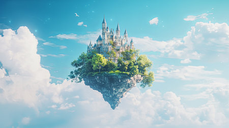 A mystical 3D-rendered castle resting on a floating island above a dreamy sky, with space for branding.の素材